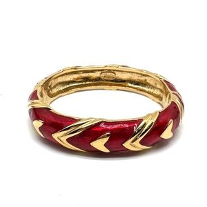 Napier Gold-Tone Red Enamel Chevron Heart Hinged Bangle Bracelet